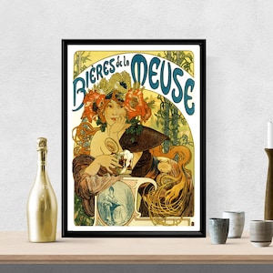 Poster Bières de la Meuse di Alphonse Mucha, arte da parete vintage in stile Art Nouveau, stampa pubblicitaria di birra francese, arredamento classico da bar per donna