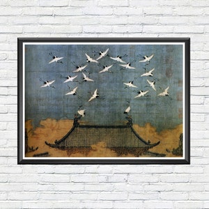 Chinese Antique Art Poster Cranes Over The Roof Vintage Asian Art Print Home Wall Decor image 1