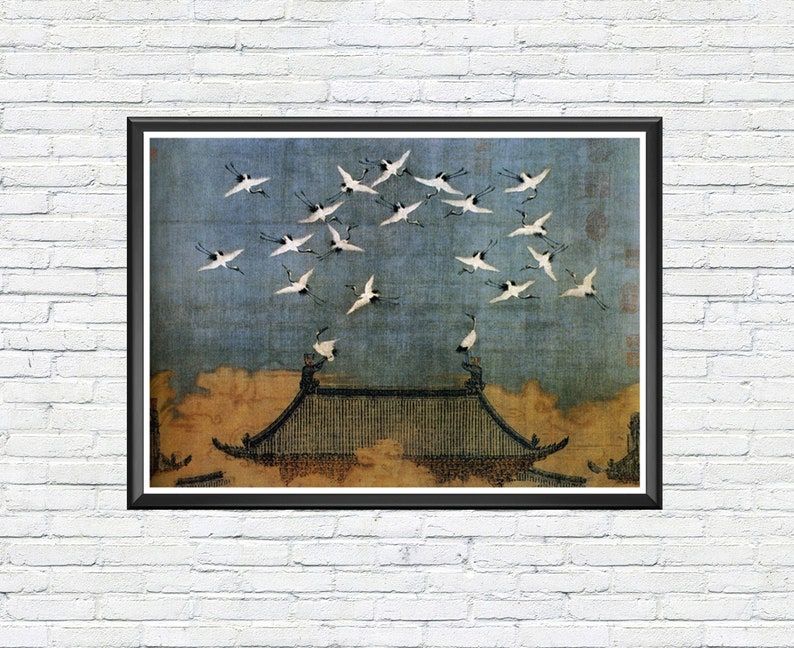 Chinese Antique Art Poster Cranes Over The Roof Vintage Asian Art Print Home Wall Decor image 1