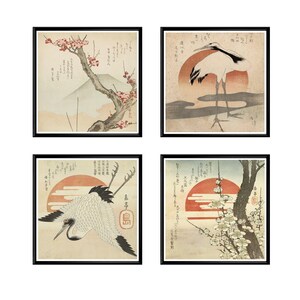 Set of 4 Japanese Crane and Nature Prints, 1820s Surimono Art, Square Woodblock Posters, Traditional Japanese Wall Decor, Vintage Art Set