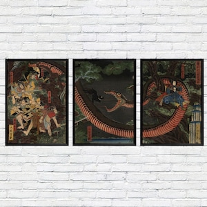 Japanese Samurai Snake Battle Poster Set, Utagawa Yoshitsuya Triptych, Ukiyo-e Wall Art, Mythical Warrior Print, Set of 3 Japanese Prints