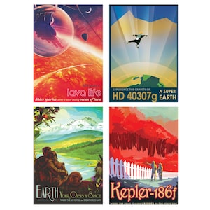 Close-up postcards with futuristic landscapes including Kepler-186f, Earth, Lava Life, and HD 40307g