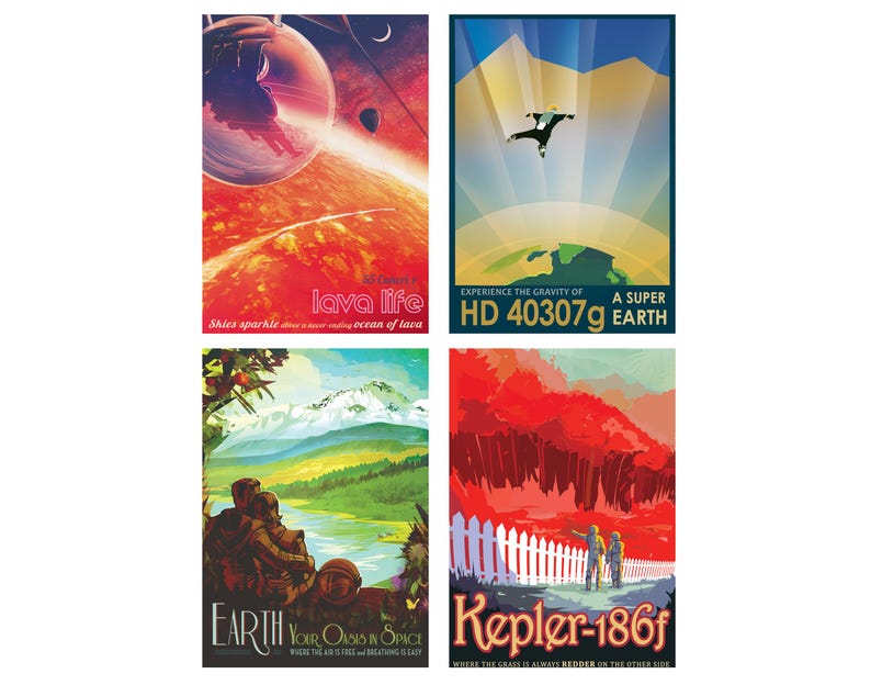 Close-up postcards with futuristic landscapes including Kepler-186f, Earth, Lava Life, and HD 40307g