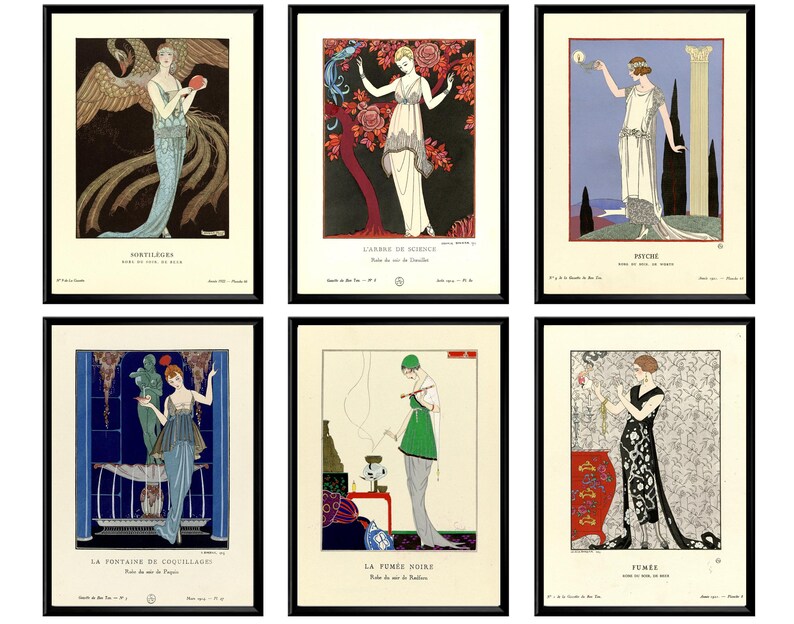 Pu&ograve; includere: Sei stampe artistiche incorniciate con illustrazioni Art D&eacute;co di donne in abiti eleganti. Ogni stampa ha una cornice nera e un titolo in francese. La tavolozza dei colori comprende blu, verdi e crema, con sfondi decorativi.
