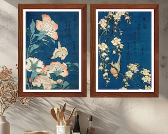 Conjunto de láminas de pájaros y flores de Hokusai, arte mural floral japonés, pósteres Ukiyo-e vintage, decoración Japandi azul