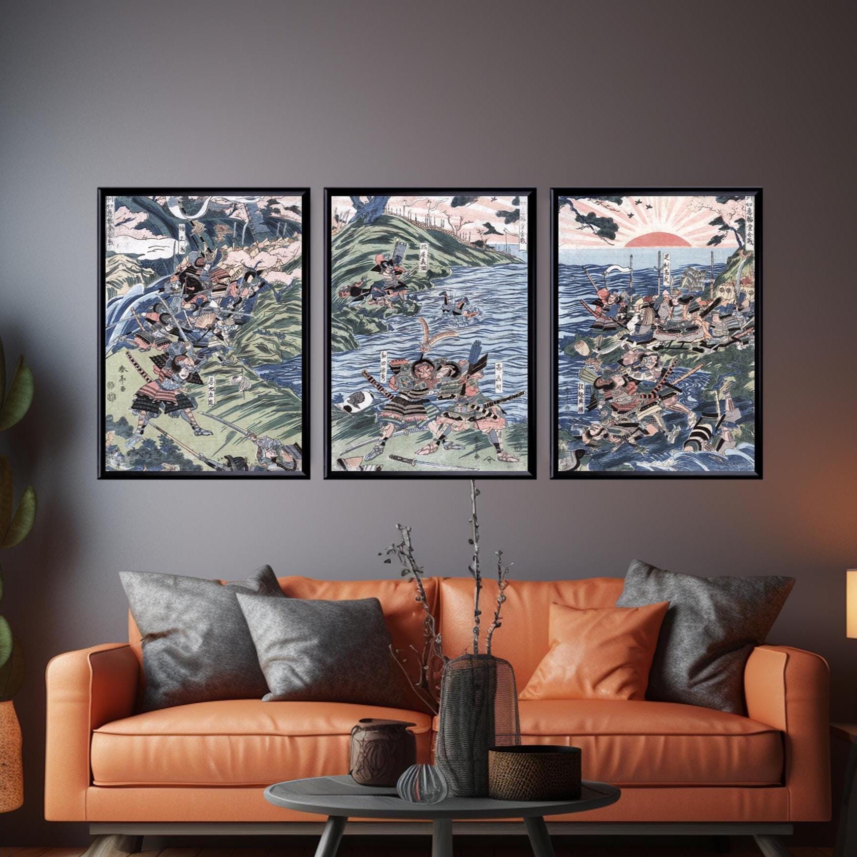 Samurai Battle Triptych Print Set of 3 Vintage Japanese Ukiyo-e Wall ...