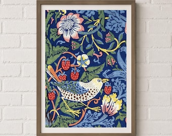 William Morris Strawberry Thief Print, Art Nouveau Bird Wall Art, Blue Botanical Poster