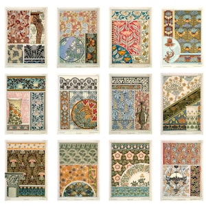 Set van 12 art nouveau ansichtkaarten met bloemenornament, decoratieve botanische prints, vintage plantenpatronen, kunstkaarten in glas-in-stijl