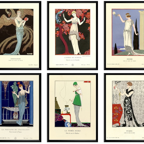 Vintage Art Deco Poster Set Of 6 Retro Fashion Magazine Covers Art Deco Women Illustration Antique French Fashion Magazine Prints Gift Idea