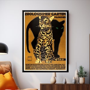 Vintage Zoo Poster German Animal Print 1912 Munich Advertising Wall Art with Leopard and Panther Illustration for Jungle or Safari Decor