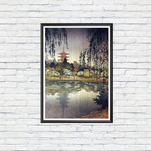Rain at Kofukuji Temple Print by Koitsu Tsuchiya, Vintage Japanese Shin-Hanga Art, Temple Landscape, Rainy Day Wall Decor, Pagoda Poster