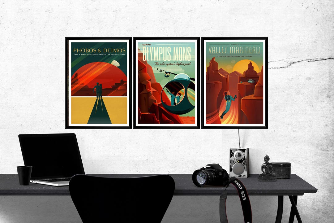 Lot De 3 Affiches Voyage NASA Valles Mariners Phobos Deimos Olympus Mons