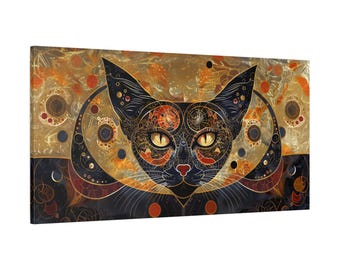 Lienzo Art Déco con diseño de gato, arte mural panorámico en oro y negro, decoración gótica felina, obra de arte enmarcada, acento moderno para interiores, regalo para amantes de los gatos.