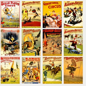 Set von 12 Zirkus-Postkarten, Vintage Zirkus-Werbedrucke, Retro-Zirkus-Kunstkarten, A6-Postkarten-Set für Sammler