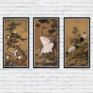 Set of 3 Antique Crane Posters, Vintage Bird and Nature Art Triptych, Asian Wall Art Prints, Japanese and Chinese Crane Illustrations Decor