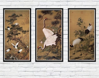 Láminas artísticas de grullas antiguas, tríptico de aves japonesas vintage, pósteres decorativos de pared asiáticos