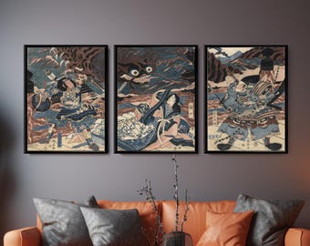 Pósteres trípticos ukiyo-e de samuráis monstruosos japoneses (juego de 3)