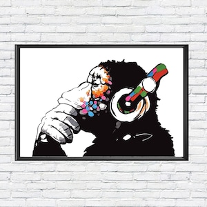 Monkey DJ Banksy Style Art Print, Modern Street Wall Poster