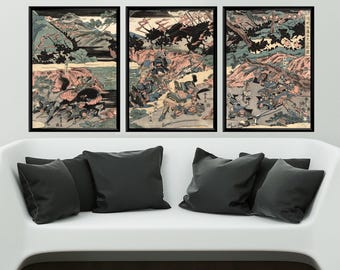 サムライバトル浮世絵三連祭壇画ポスターセット勝川春地源平日本の壁の装飾