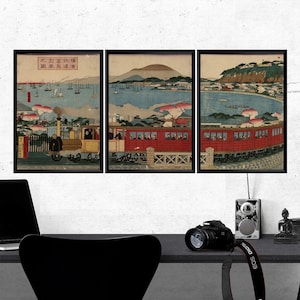Japoński tryptyk kolejowy, zestaw plakatów z pociągami ukiyoe w stylu vintage, czerwony pociąg, sztuka ścienna w Japonii