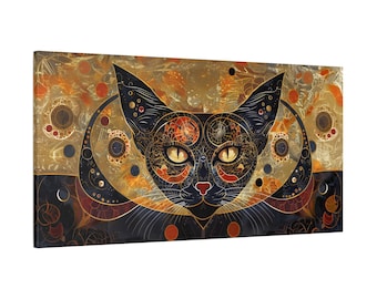 Cuadro enmarcado de gato gótico negro estilo art déco, mosaico dorado vintage panorámico para decoración del hogar.