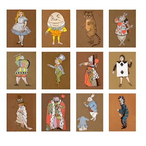 Ensemble de cartes postales vintage Alice au pays des merveilles, 12 illustrations de livres de contes classiques, cartes littéraires à collectionner, cadeau d'art fantastique fantaisiste