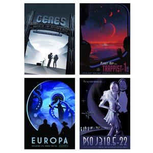 Dark-toned NASA sci-fi postcard set with Trappist-1e, Europa, Ceres, and PSO J318.5-22