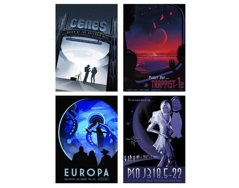 Dark-toned NASA sci-fi postcard set with Trappist-1e, Europa, Ceres, and PSO J318.5-22