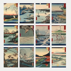 Set mit 12 japanischen Postkarten, Ando Hiroshige Kunstdrucke, Vintage japanische Landschaftsreproduktionen, antike japanische Landschafts-Postkartensammlung