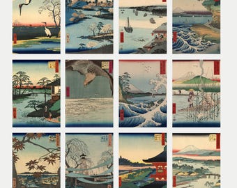 Set of 12 Japanese Postcards, Ando Hiroshige Art Prints, Vintage Japanese Landscape Reproductions, Antique Japan Scenery Collection