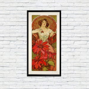Alphonse Mucha Jugendstil Rubin Frau Poster, Vintage Edelsteine Serie Druck, Elegante Rote Blumen Wand Kunst, Retro Wohn Dekor Geschenk