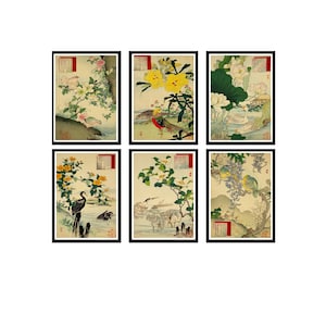 Impressions japonaises d'oiseaux et de fleurs, affiches vintage de Kono Bairei, décoration murale traditionnelle ukiyo-e, illustrations de la nature botanique, décoration d'intérieur asiatique