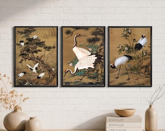 Japanese Crane Prints Set, Asian Bird Wall Art, Antique Style Japanese Chinese Illustrations, Triptych Decor