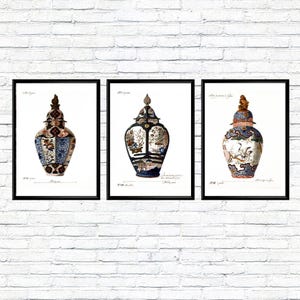 Chinese Vase Poster Set of 3, Antique Asian Jar Triptych Prints, Oriental Wall Art for Bedroom or Living Room, 18th Century Vase Decor