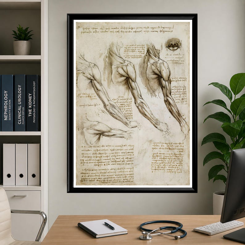 Leonardo Da Vinci anatomy poster set featuring detailed vintage sketches of the human body, perfect for medical or educational wall decor.