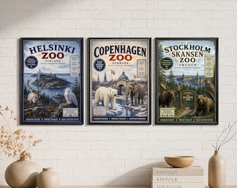Zoo Poster Set of 3, Copenhagen Stockholm Helsinki, Scandinavian Nordic Travel Wall Art Decor