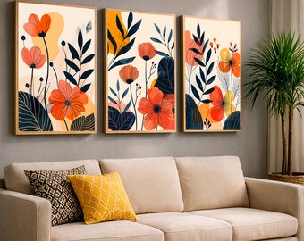 Conjunto de 3 impresiones artísticas de flores botánicas en estilo floral escandinavo.