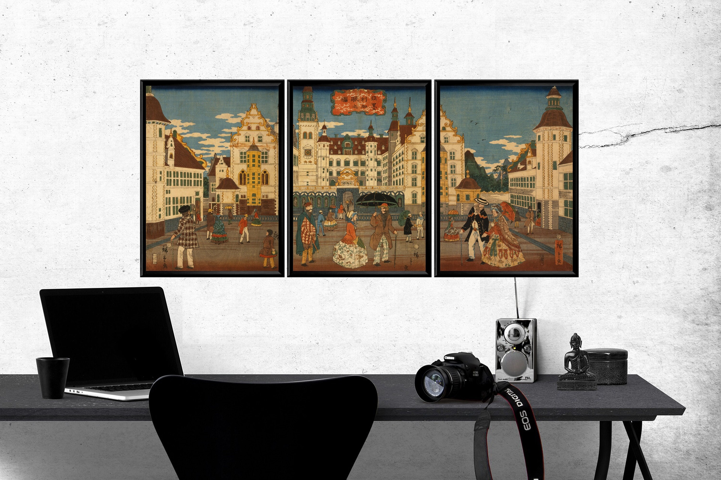 Old Urban Architecture Triptych American Town Square Japanese - Etsy