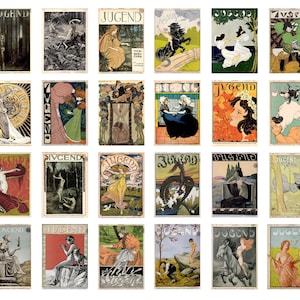 Jugend Zeitschrift Postkarten 24er Vintage Jugendstil Poster Drucke Retro Illustration Covers Geschenkidee für Kunstliebhaber