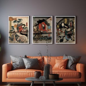 Tríptico de batalha de samurai, gravuras de guerreiros japoneses vintage, conjunto de 3 blocos de madeira Ukiyo-e, arte tradicional japonesa, decoração de parede de samurai Edo