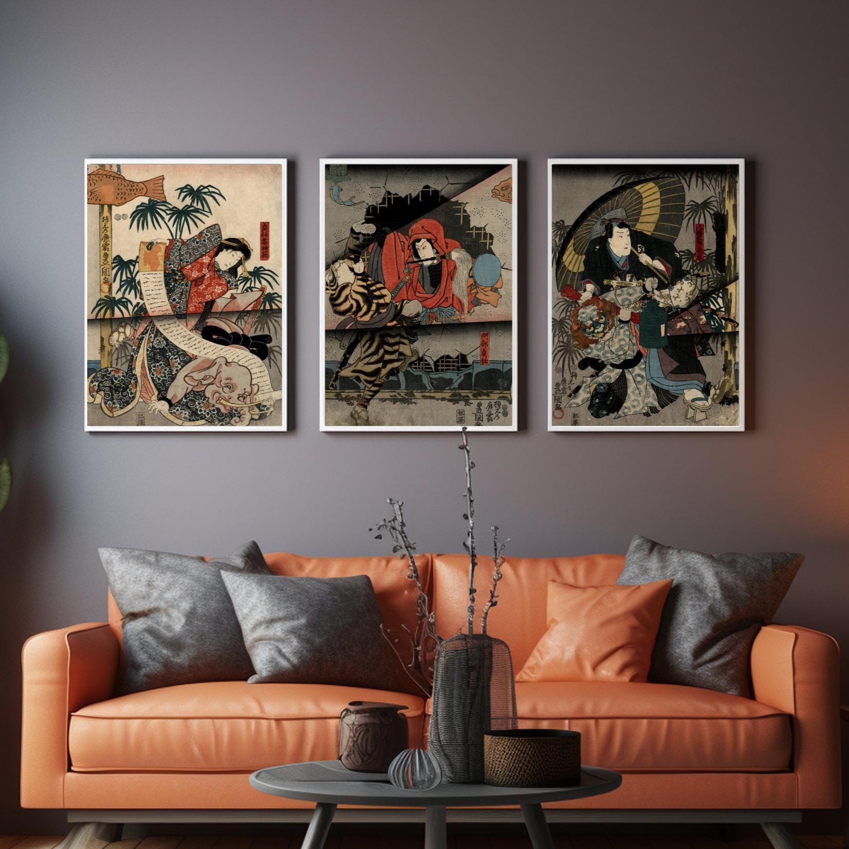 Estampe Japonaise Ukiyo-e Triptyque Ancienne - Représentant Un Samouraï Et Katana, Par Toyokuni, Impression Sur Bois Originale