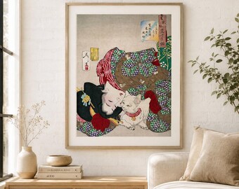 Ukiyo-e Cat Print, Yoshitoshi Japanese Woman Art, White Cat Woodblock Poster, Japanese Wall Decor