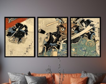 Utagawa Yoshitsuya Samurai Tríptico Japonés Ukiyo e Print Set de 3 Vintage Japan Warrior Wall Art Poster
