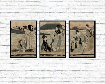 Vintage japanische Triptychon Menschen auf einem Boot Antike japanische Kunst Set 3 Poster asiatische Kunstdrucke Home Wand Dekor Housewarming Geschenkidee