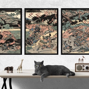 Samurai Battle Triptych Posters, Katsukawa Shunchi Art, Japanese Warriors Wall Decor, Minamoto vs Taira, Antique Style, Gift for Him