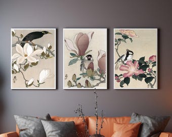 Ohara Koson Bird Japanese Ukiyo e Print Set 3 Vintage Floral Birds Wall Art Magnolia Japanese Poster