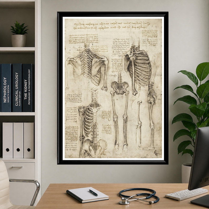 Leonardo Da Vinci anatomy poster set featuring detailed vintage sketches of the human body, perfect for medical or educational wall decor.