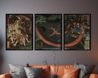 Tríptico de batalla samurái de Utagawa Yoshitsuya, Serpiente gigante, lámina Ukiyo-e, conjunto de 3 pósteres de mitología japonesa, arte mural vintage de Japón.