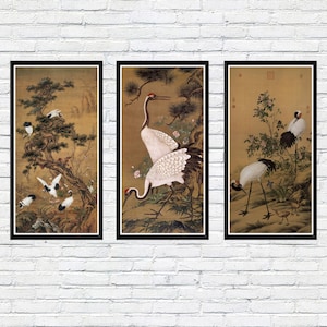 Set of 3 Antique Crane Posters, Vintage Bird and Nature Art Triptych, Asian Wall Art Prints, Japanese and Chinese Crane Illustrations Decor