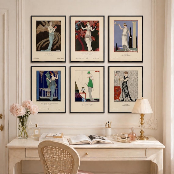 George Barbier Art Deco Prints Set of 6, 1920s Fashion Wall Art, Vintage French Illustrations, Elegant Posters for Boutique or Bedroom Decor